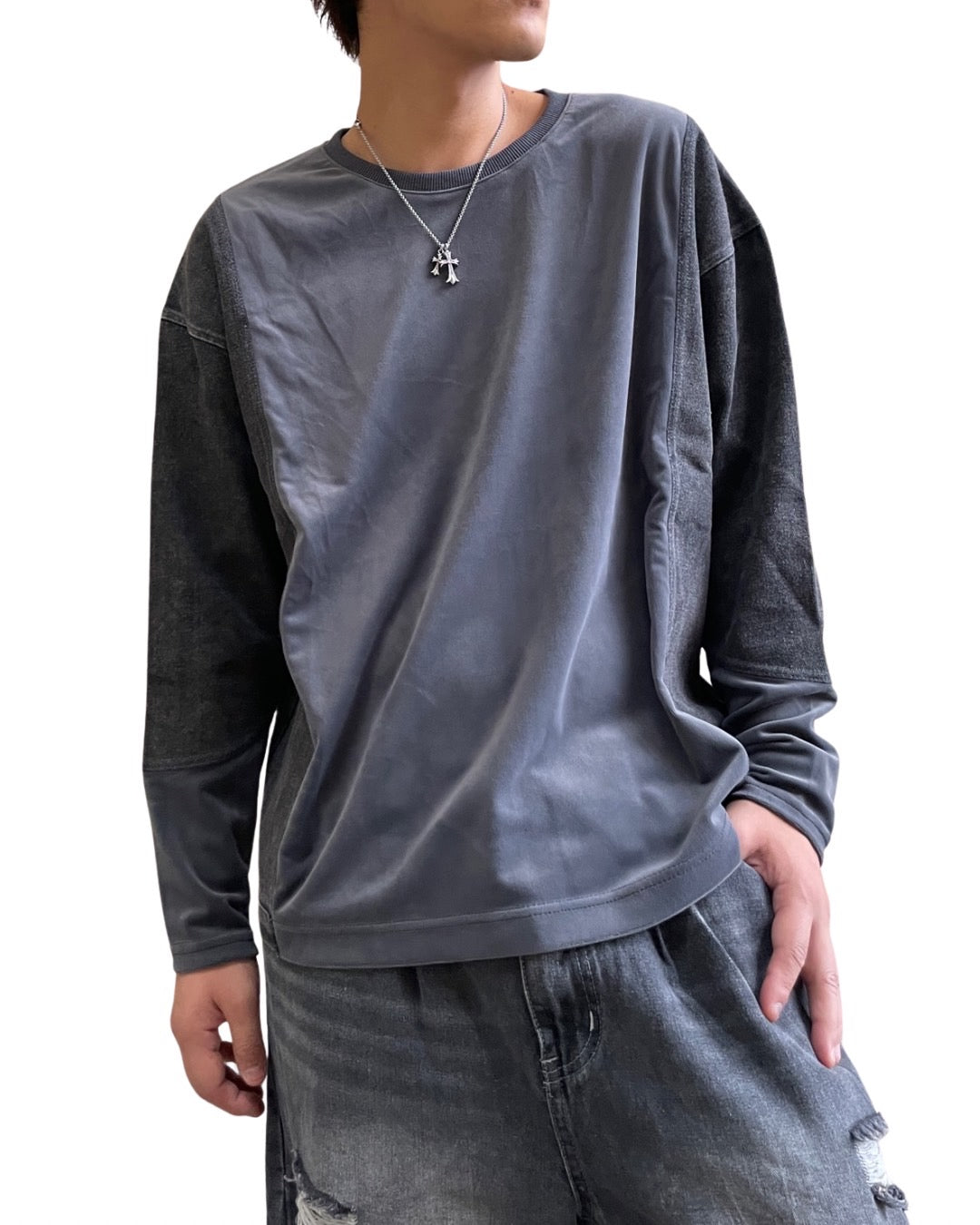 ベロア デニム コンビクルー(Unisex/ユニセックス)