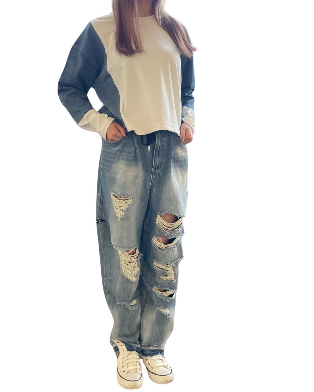 ベロア デニム コンビクルー(Unisex/ユニセックス)